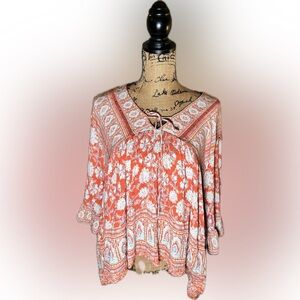 Free People Moonlight Dance Babydoll Coral Orange Floral Tie-Front Tunic XS